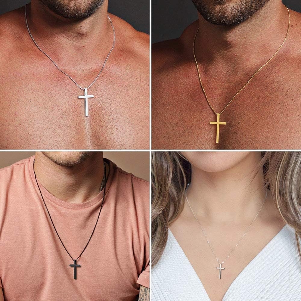 Cross Necklace for Men, Silver Black Gold Stainless Steel Plain Cross Pendant Necklace for Men Box Chain 16-30 Inch - Image 3
