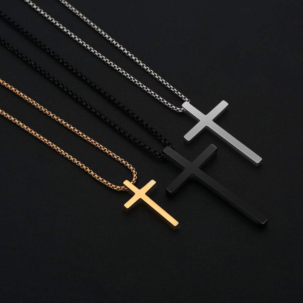 Cross Necklace for Men, Silver Black Gold Stainless Steel Plain Cross Pendant Necklace for Men Box Chain 16-30 Inch - Image 6