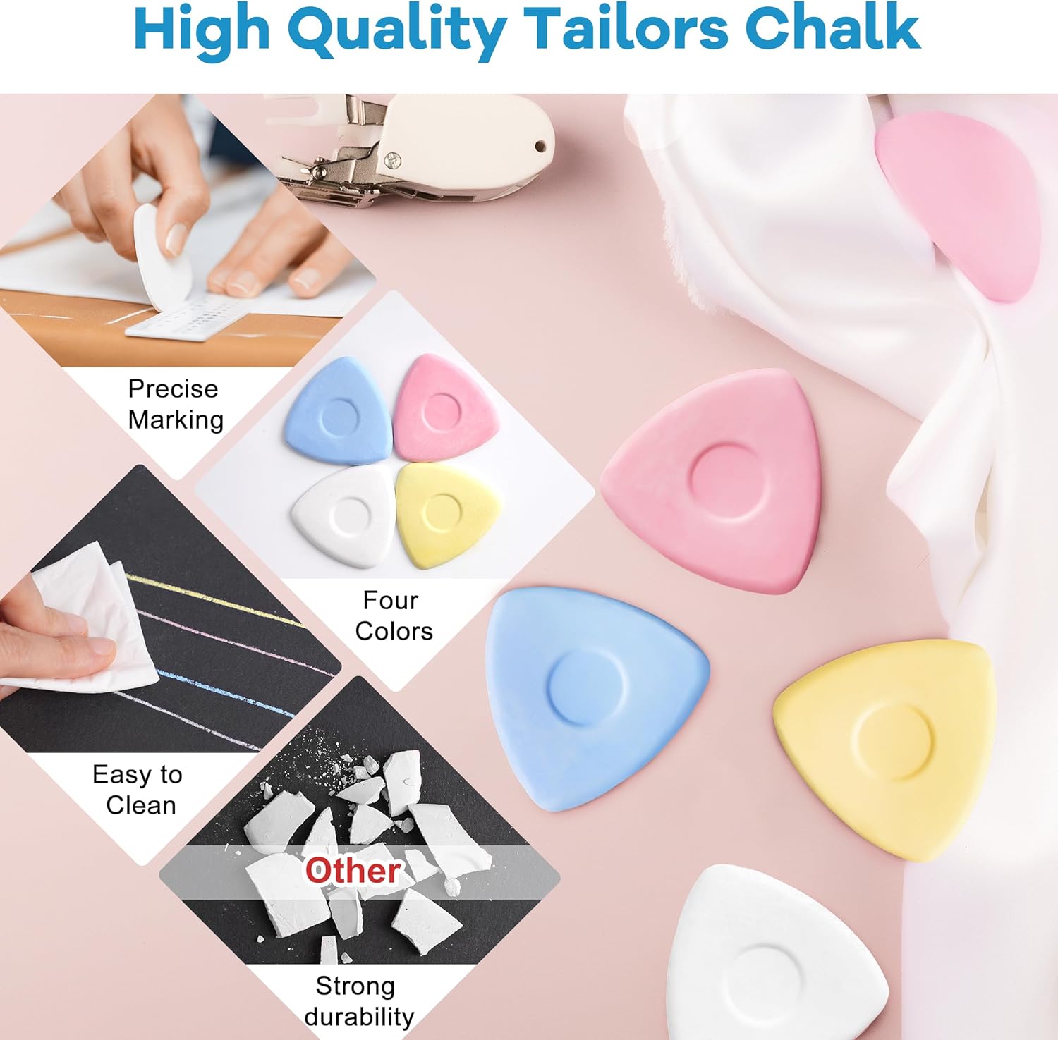 Tailor's Triangle Fabric Chalk Markers - 60pc Set, Precise & Durable for Quilting & Sewing, 4 Colors - Image 3