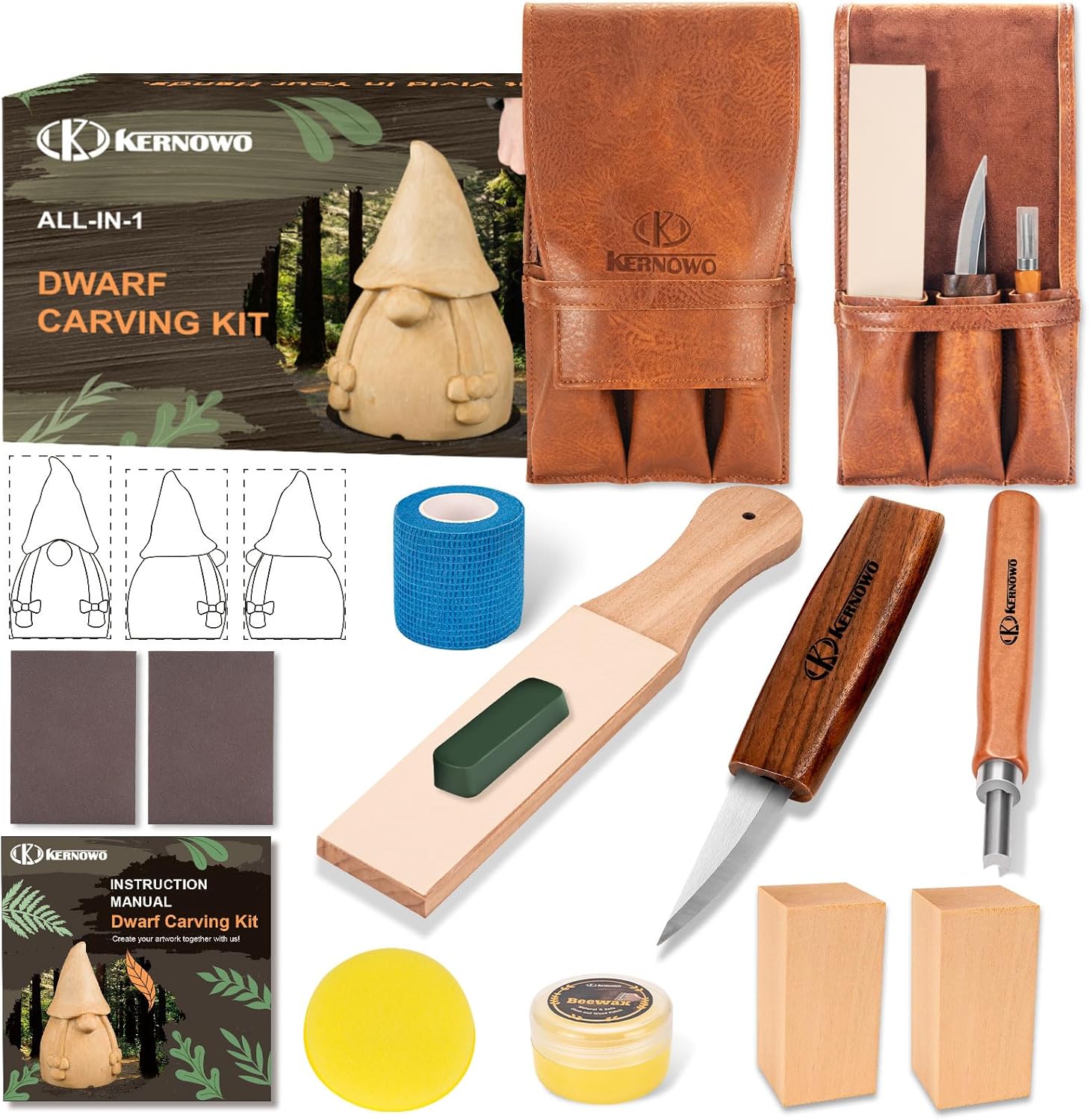 Wood Carving Kit, All-in-1 Wood Carving Tools with Vedio Tutorials & Template, Whittling Kit with Leather Storage Bag for Beginners and Enthusiasts